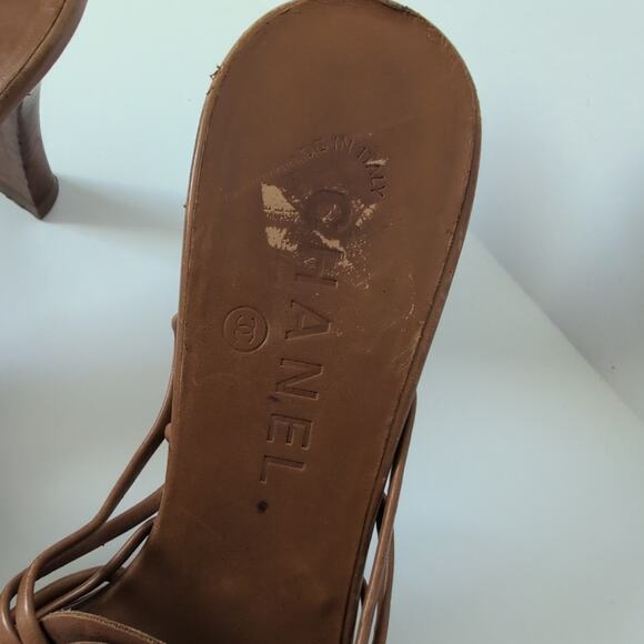 Auth Chanel Brown Leather Strappy Slides Heels Mules Sandals Spellout Size 37 - Picture 5 of 12